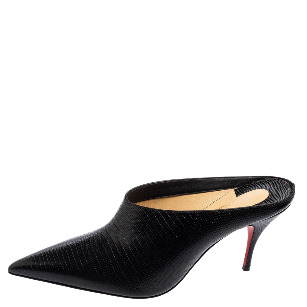

Christian Louboutin Black Lizard Embossed Leather Quart Pointed-Toe Mule Sandals Size