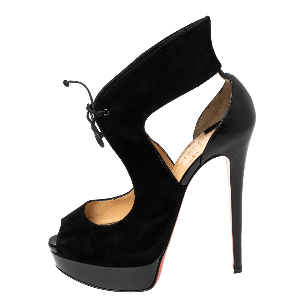 

Christian Louboutin Black Suede Lace-Up Peep-Toe Ankle Pumps Size