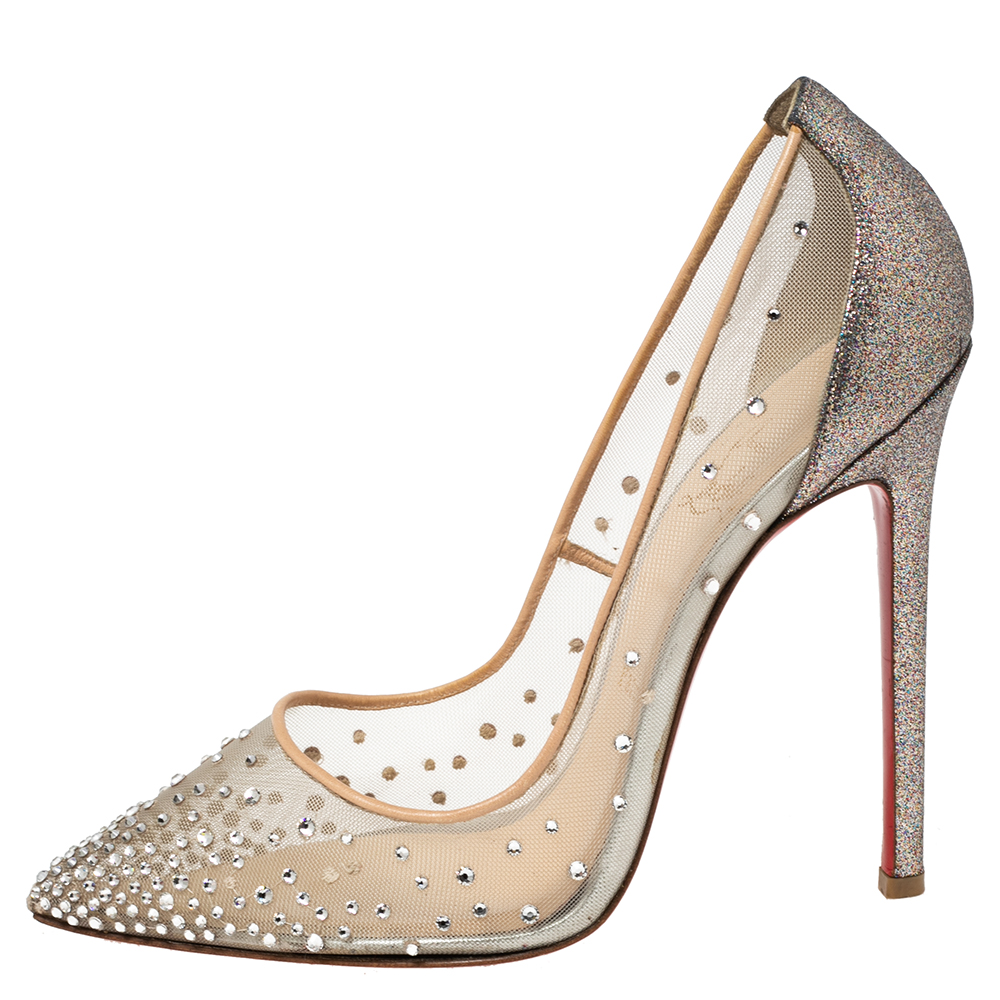 

Christian Louboutin Beige Crystal Embellished Mesh Follies Strass Glitter Heel Pointed-Toe Pumps Size