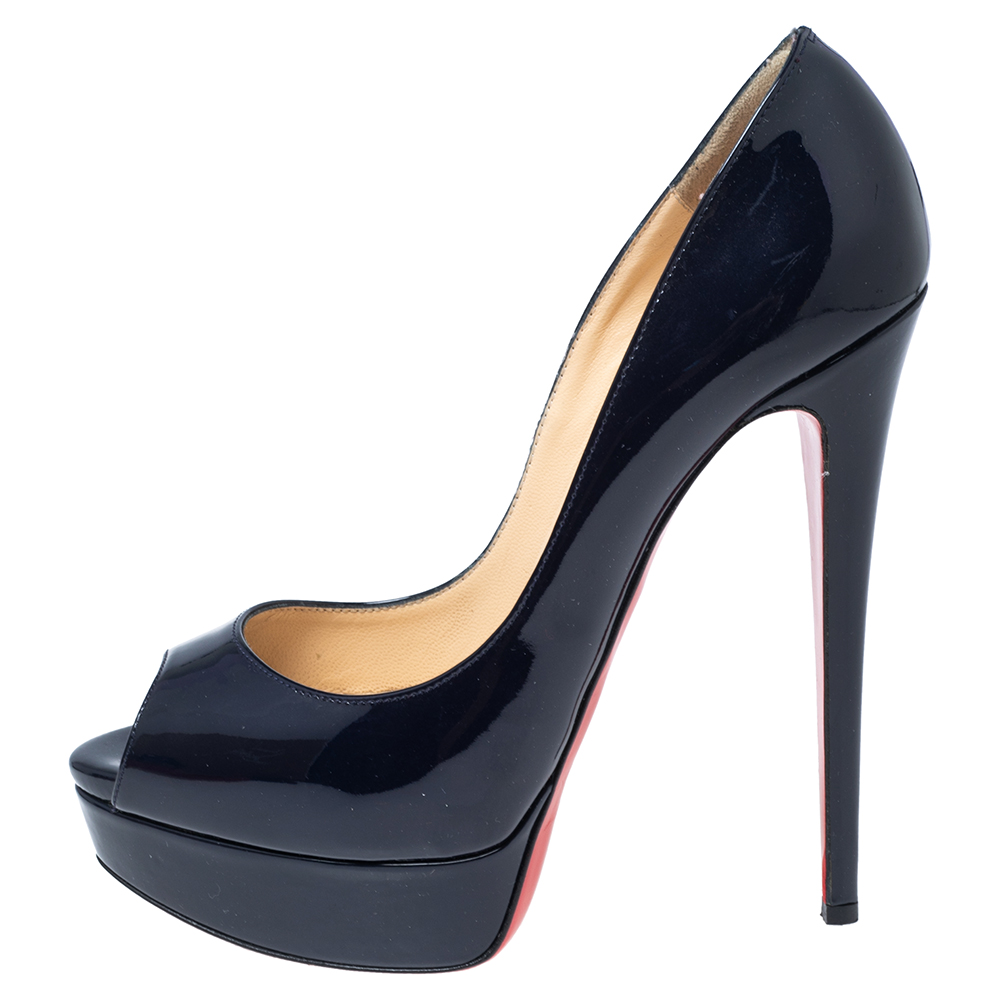 

Christian Louboutin Navy Blue Patent Leather 'Altadama' Platform Peep Toe Pumps Size