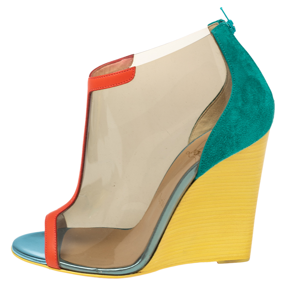 

Christian Louboutin Multicolor PVC, Suede and Leather Trim Peep-Toe Wedge Booties Size