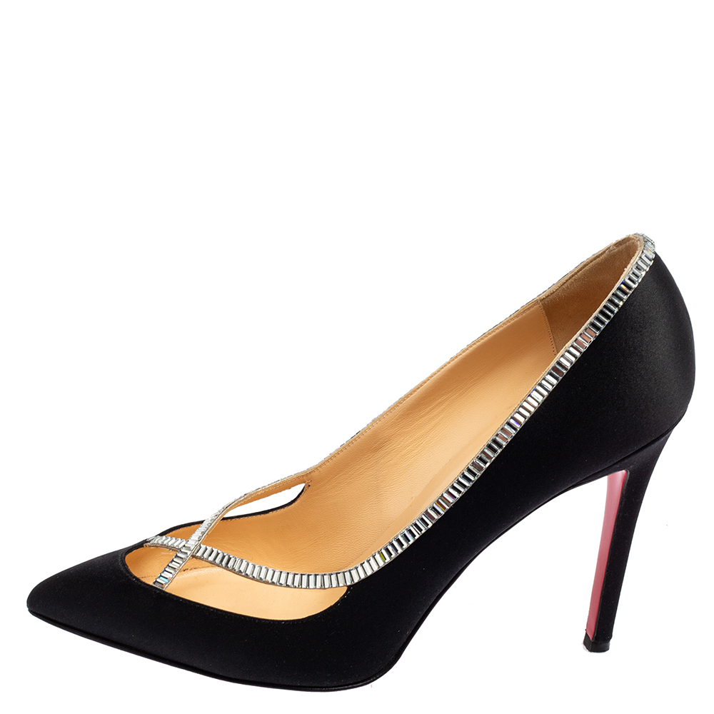 

Christian Louboutin Black Satin Crystal Embellished Trim Pointed-Toe Pumps Size