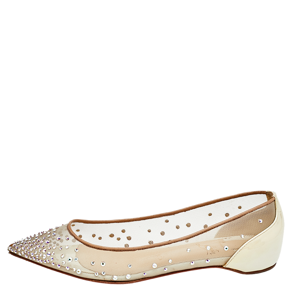 

Christian Louboutin Beige Mesh, Leather, And Iridescent Patent Leather Follies Strass Ballet Flats Size