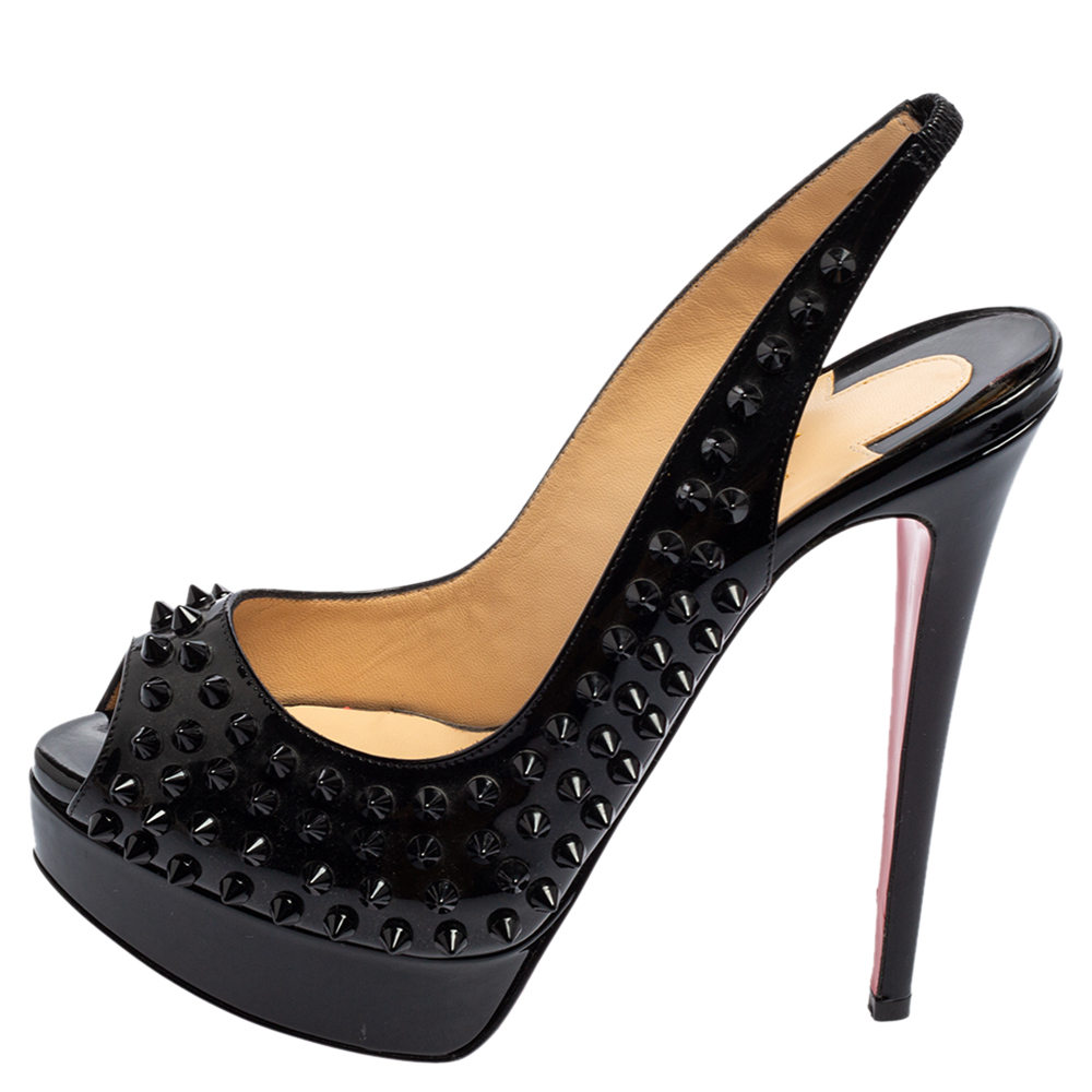 

Christian Louboutin Black Patent Leather Spikes Slingback Sandals Size