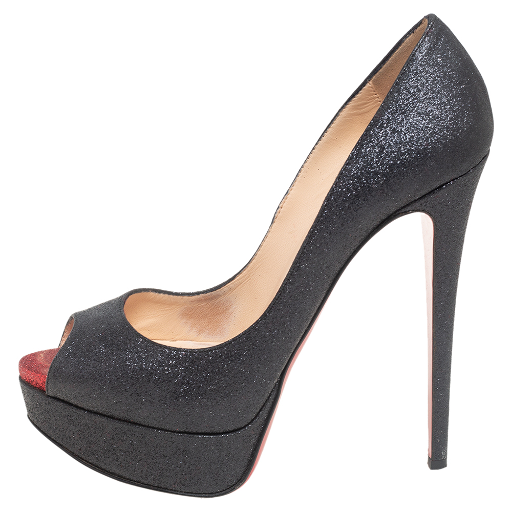 

Christian Louboutin Black Shimmer Fabric New Very Prive Peep-Toe Platform Pumps Size