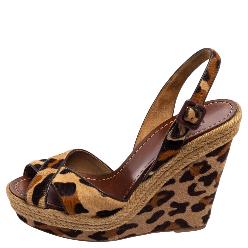 

Christian Louboutin Beige/Black Leopard Print Calf Hair Peep-toe Platform Wedge Sandals Size