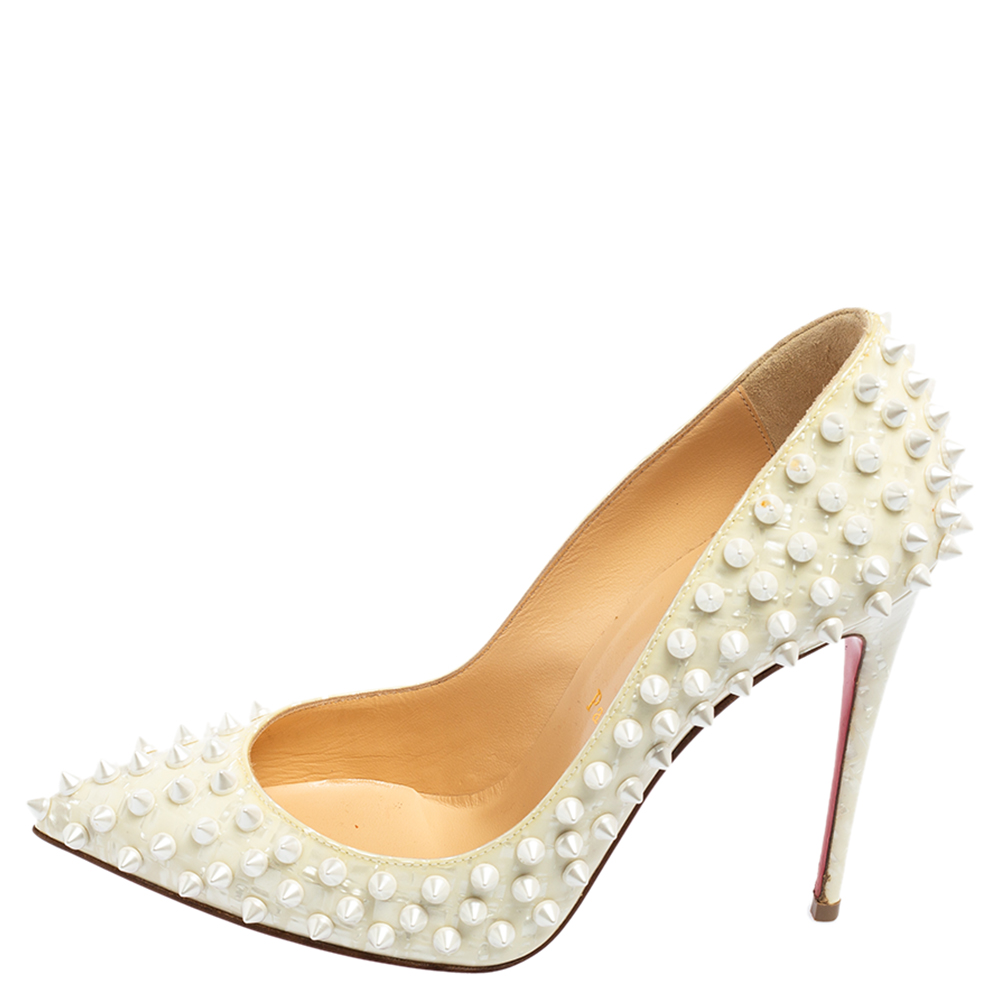 

Christian Louboutin Cream Patent Leather Follies Spikes Pointed Toe Pumps Size