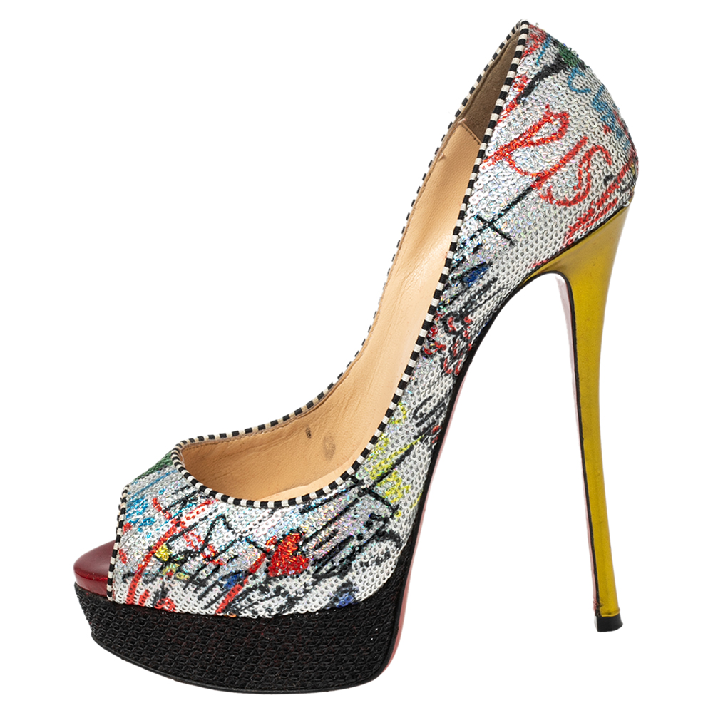 

Christian Louboutin Multicolor Sequins Fabric Fetish Peep-Toe Pumps Size