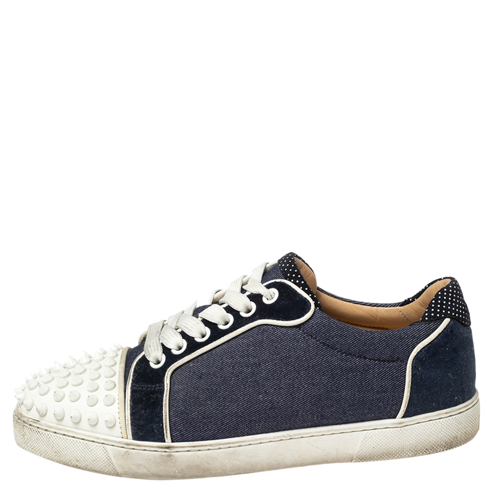 

Christian Louboutin Blue/White Denim And Leather Vieira Spikes Low Top Sneakers Size