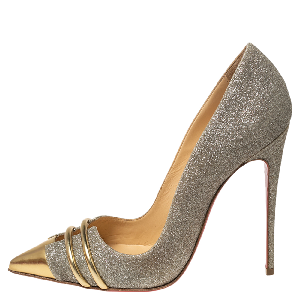

Christian Louboutin Gold Leather and Glitter Front Double Pumps Size