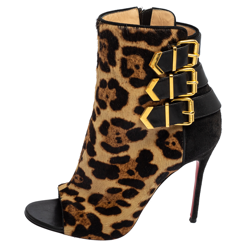 

Christian Louboutin Black/Beige Suede and Leopard Print Pony Hair Peep-Toe Ankle Boots Size