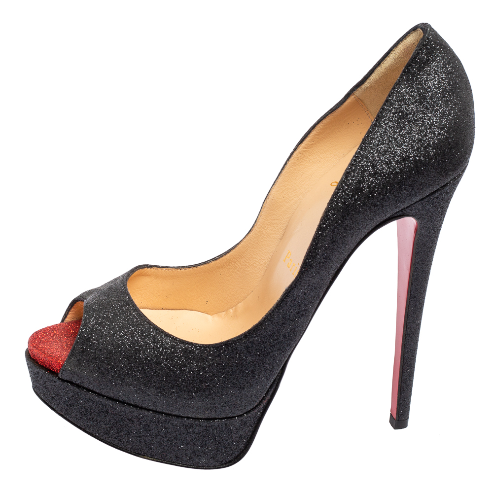 

Christian Louboutin Black Glitter Fabric Lady Peep Platform Pumps Size