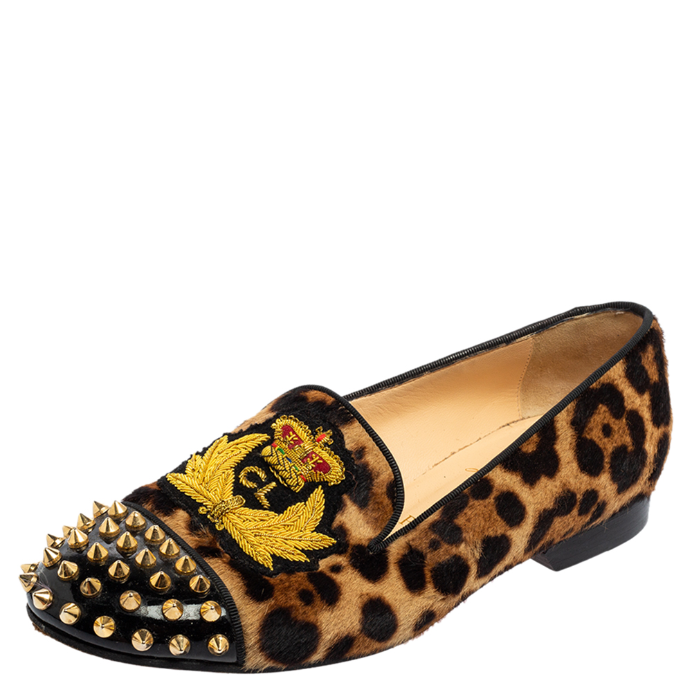 

Christian Louboutin Brown Leopard Print Calf Hair and Black Patent Leather Harvanana Spike Loafers Size