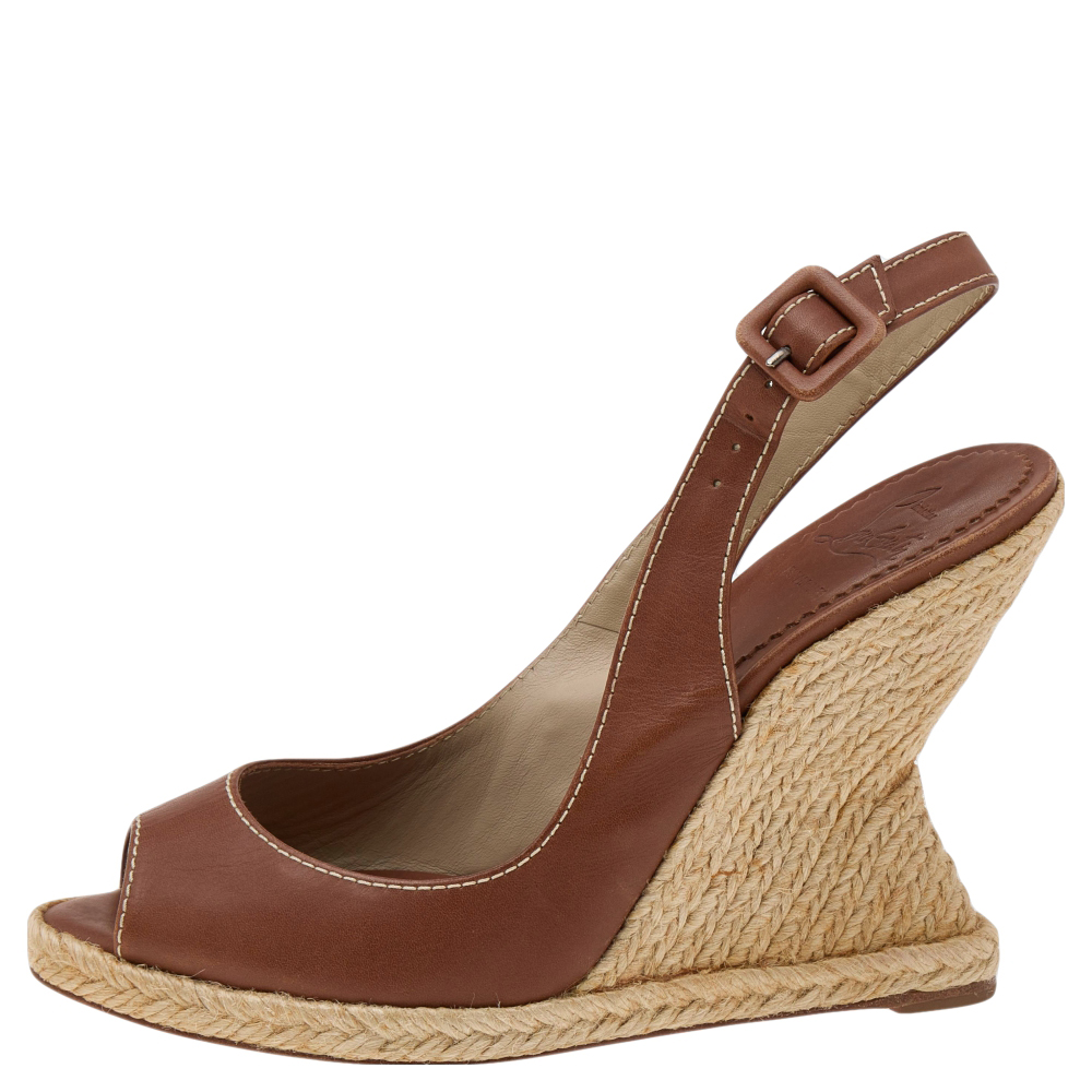 

Christian Louboutin Brown Leather You Love Slingback Espadrille Wedge Sandals Size