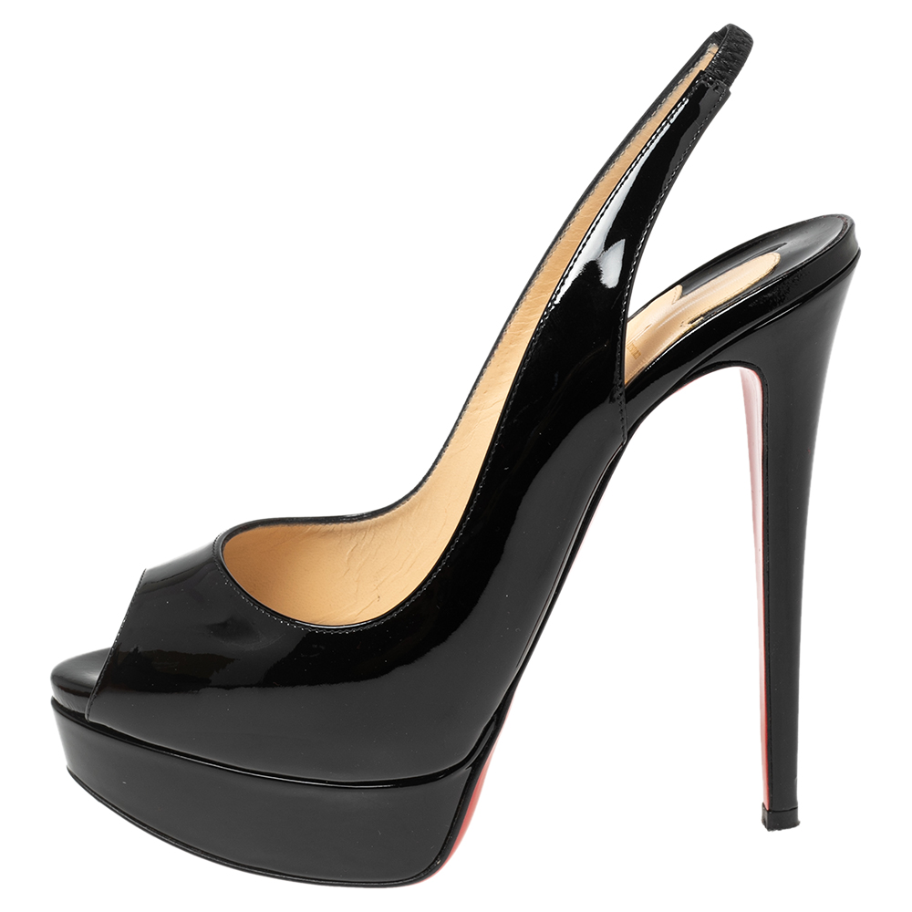 

Christian Louboutin Black Patent Leather Lady Peep-Toe Slingback Platform Sandals Size
