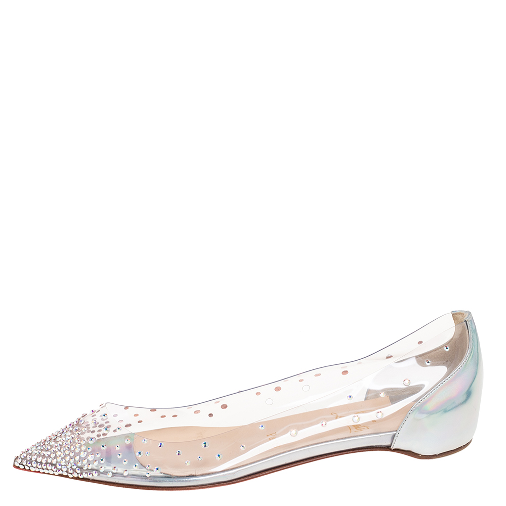 

Christian Louboutin Silver Iridescent Leather and PVC Degrastrass Pointed-Toe Ballet Flats Size