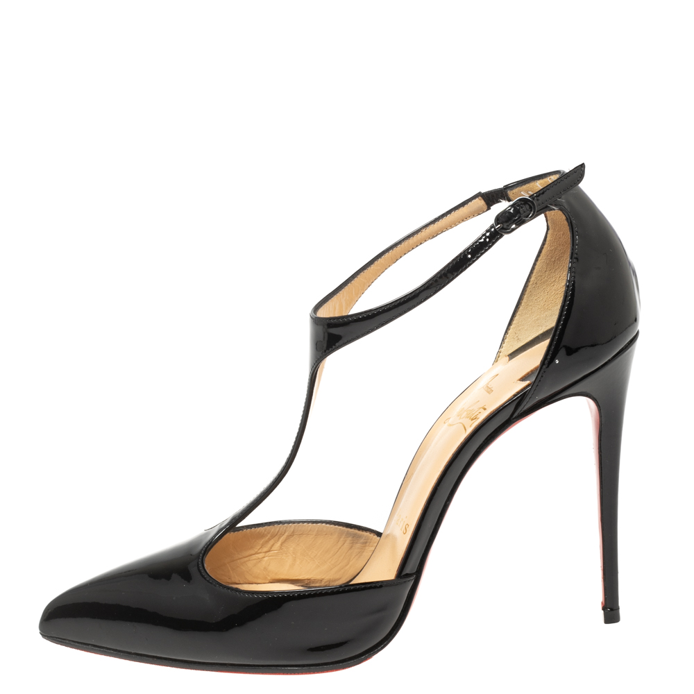 

Christian Louboutin Black Patent Leather J String T-Strap Pumps Size