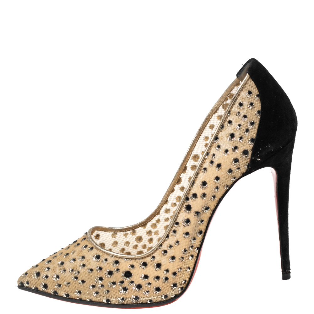 

Christian Louboutin Beige/Black Mesh and Suede Follies Lace Pumps