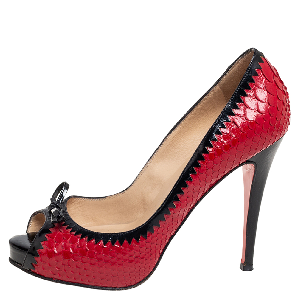 

Christian Louboutin Red Python Leather Very Prive Peep Toe Pumps Size
