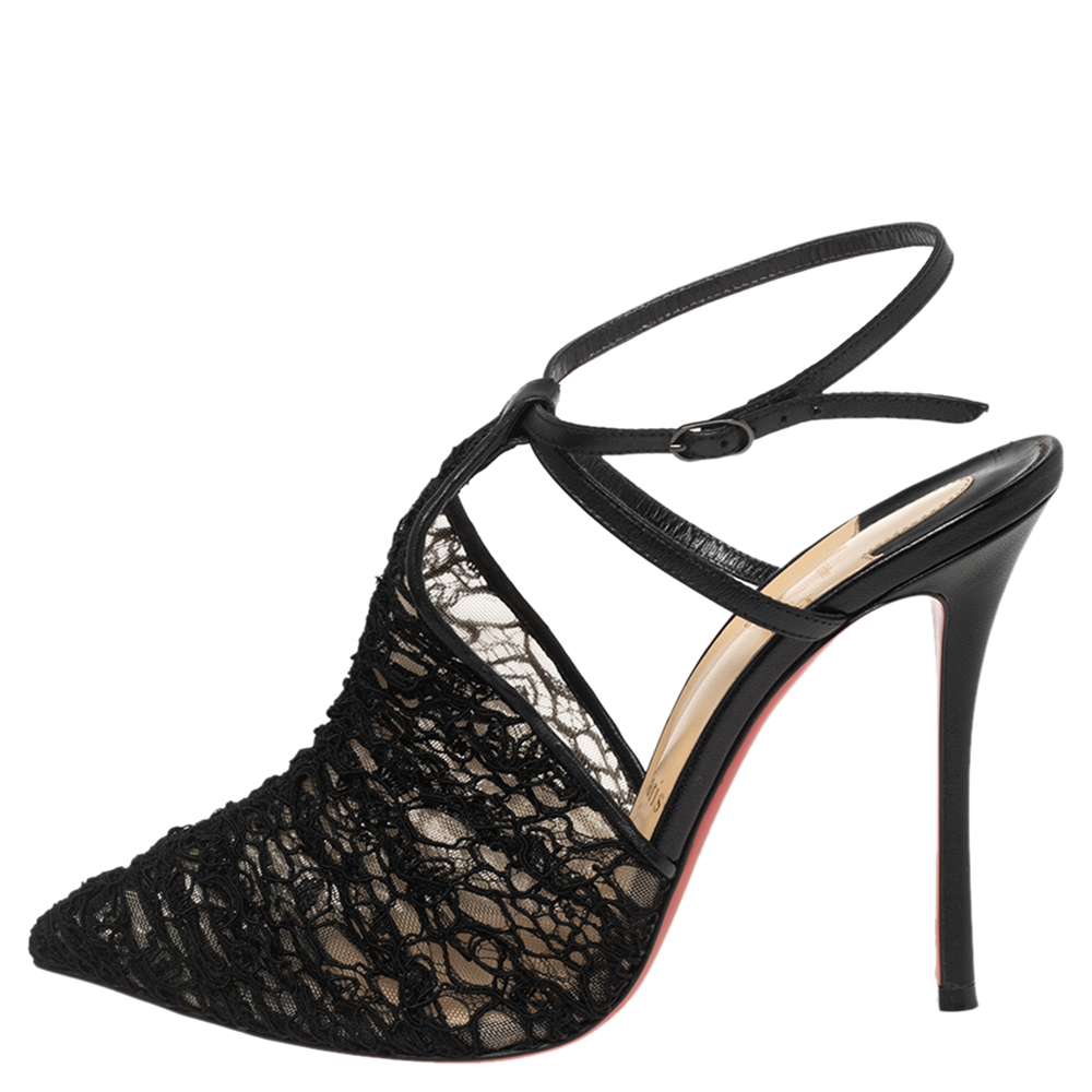 

Christian Louboutin Black Acide Lace Flocked Tulle Ankle-Strap Pumps Size