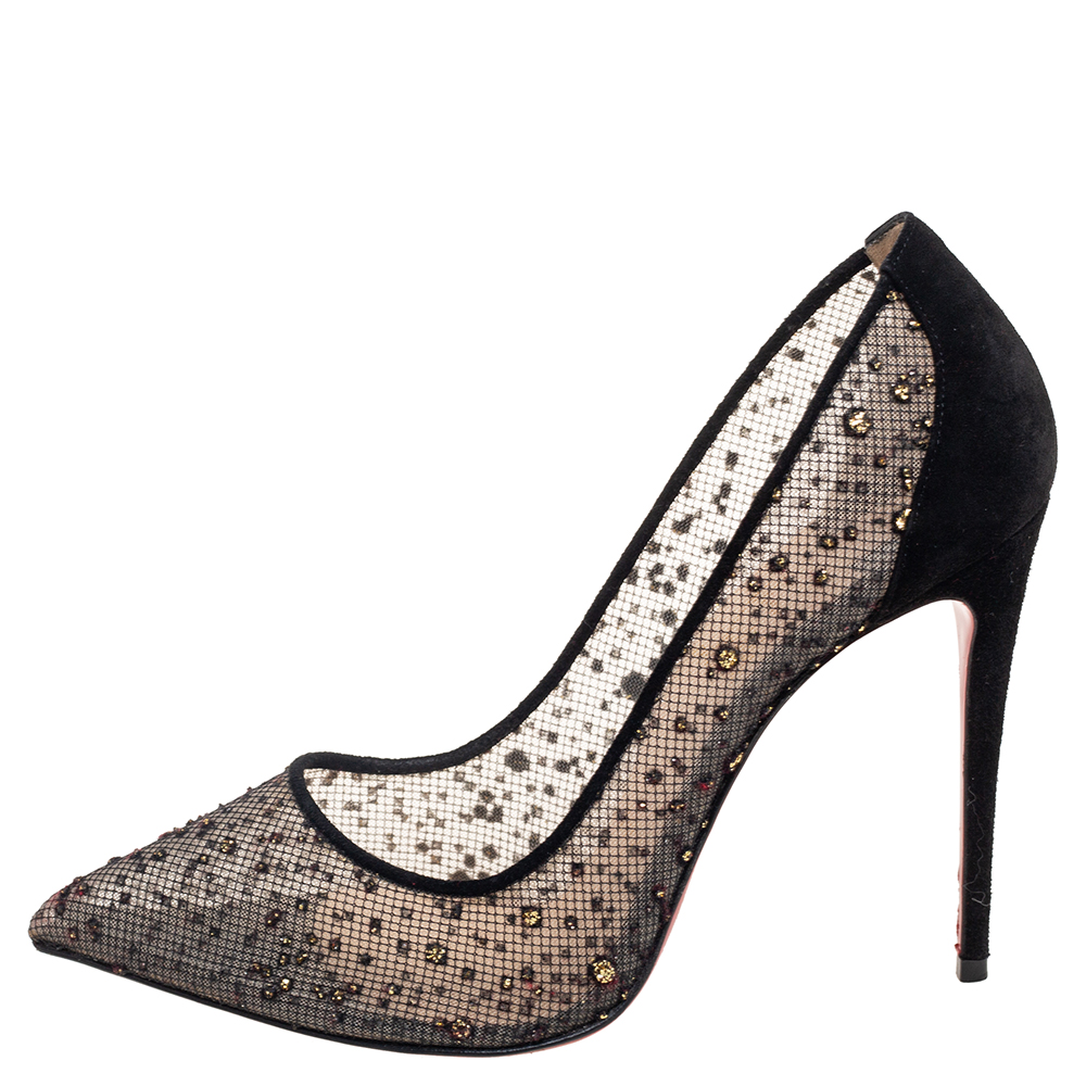 

Christian Louboutin Black Glitter Mesh and Suede Follies Pumps Size