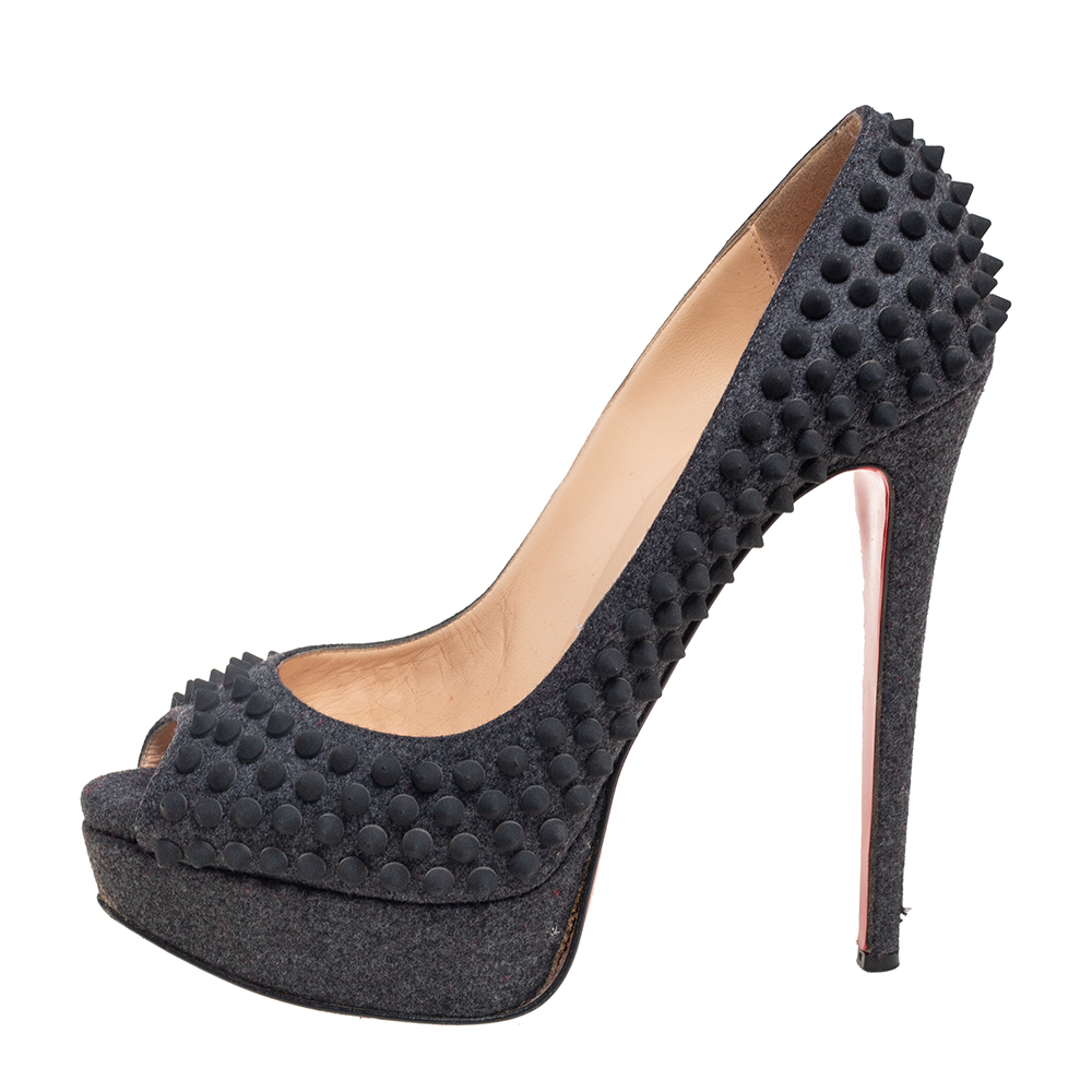 

Christian Louboutin Grey Wool Lady Peep Toe Spike Platform Pumps Size