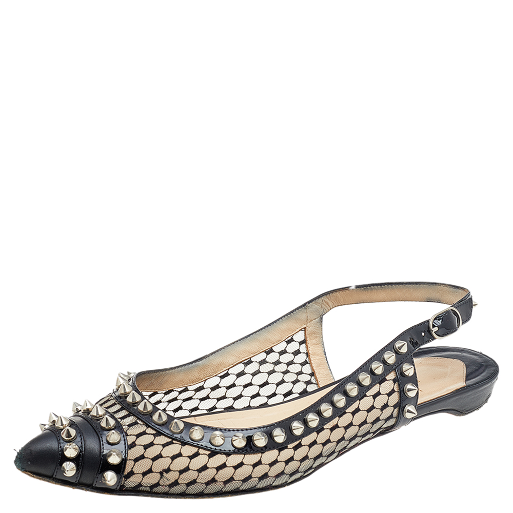 

Christian Louboutin Black Leather And Mesh Spiked Flat Sandals Size
