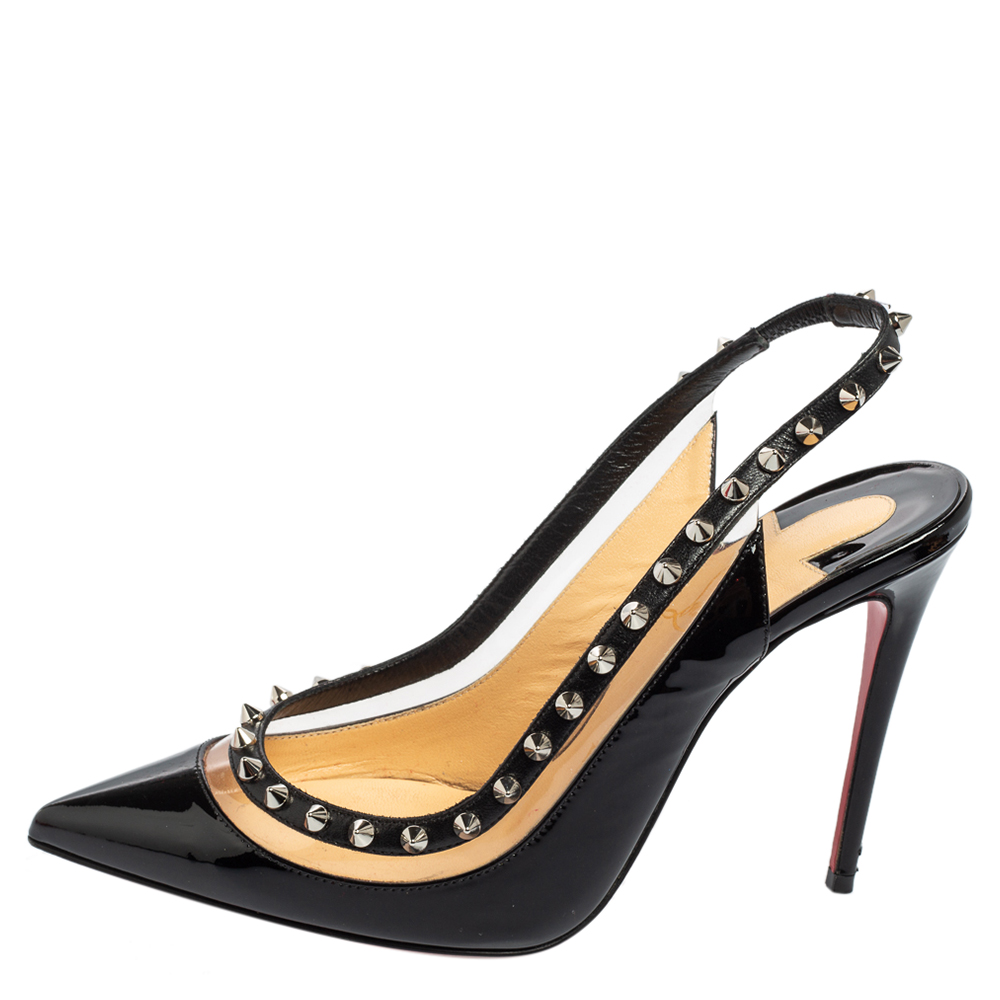 

Christian Louboutin Black Patent Leather and PVC Brigadine Spike Slingback Pumps Size