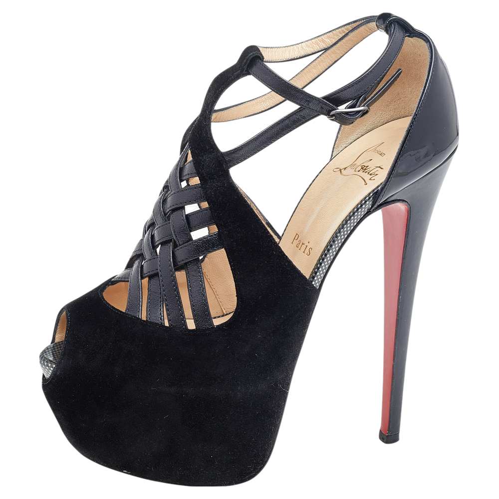 

Christian Louboutin Black Leather And Suede Cross Street Strappy Platform Sandals Size