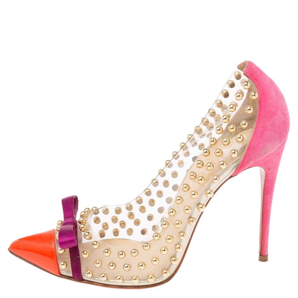 

Christian Louboutin Multicolor Studded PVC and Suede Bille Et Boule Bow Pumps Size