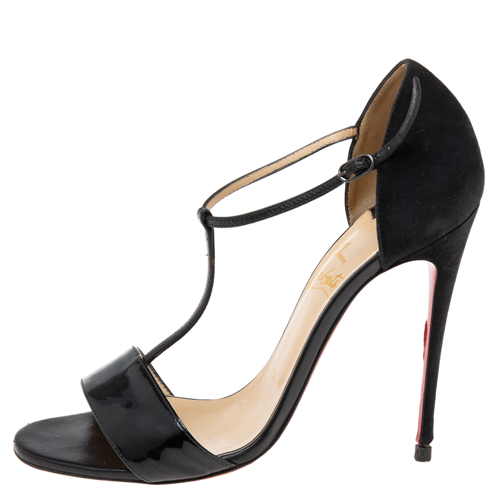 

Christian Louboutin Black Suede and Patent Leather True Blue T-Strap Sandals Size