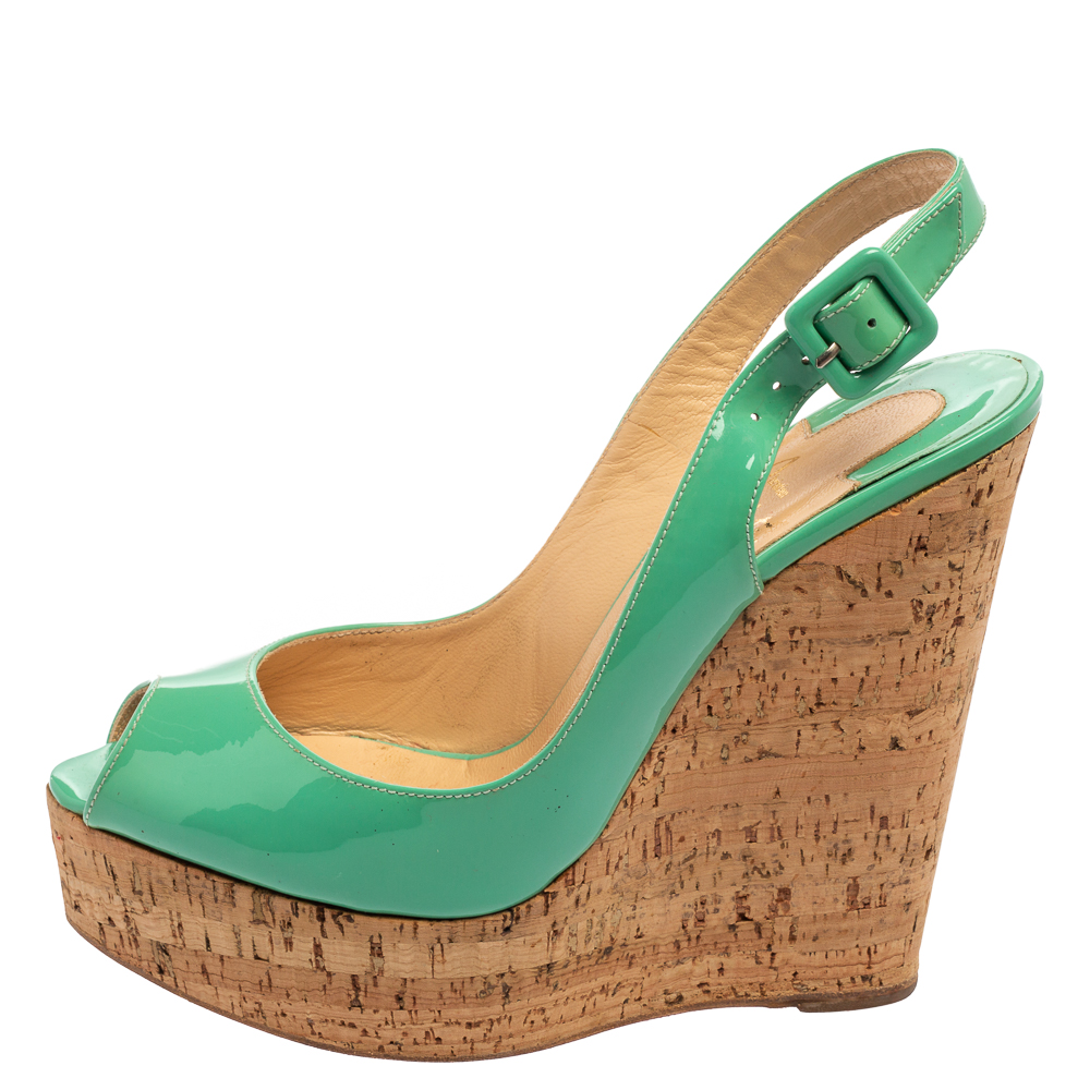 

Christian Louboutin Mint Green Patent Leather Cork Wedge Slingback Sandals Size