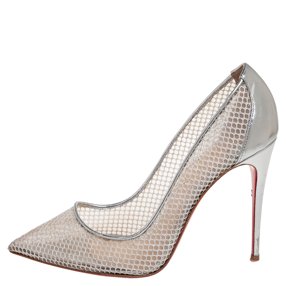 

Christian Louboutin Silver Mesh and Leather Follies Resille Pointed Toe Pumps Size