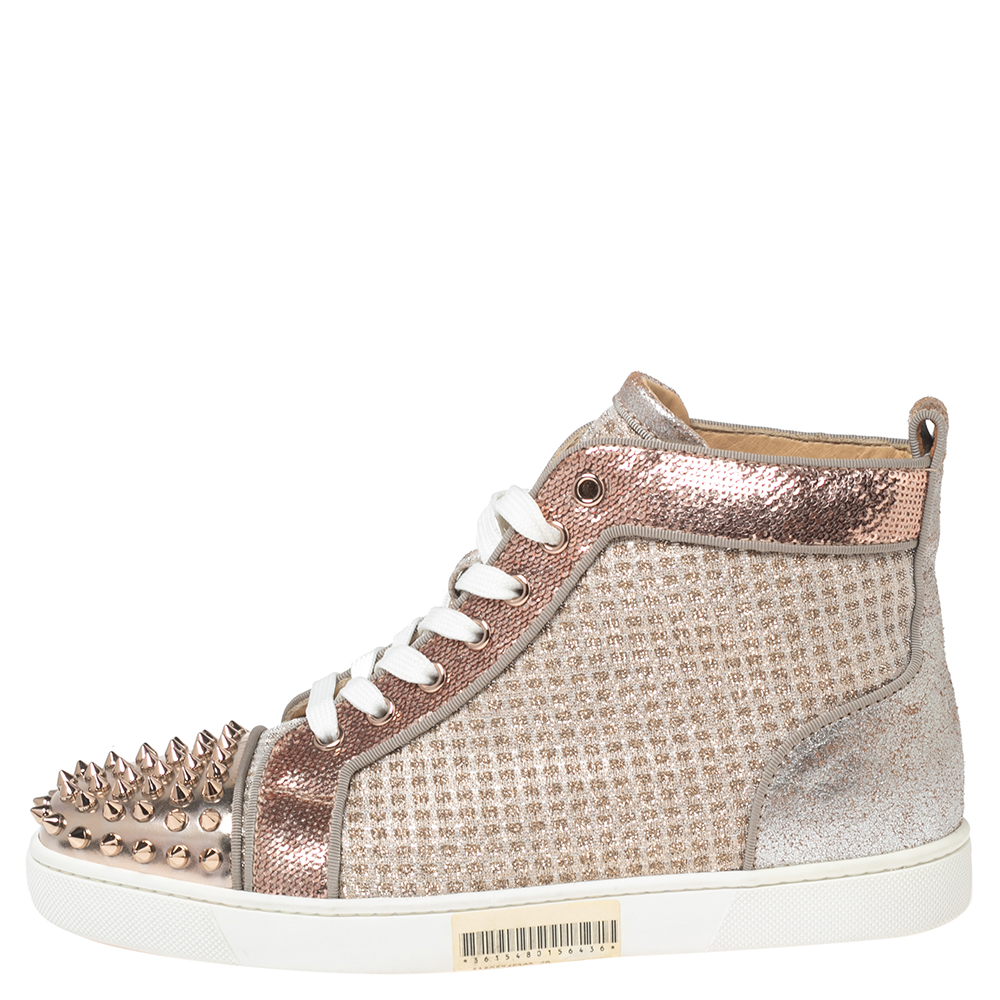 

Christian Louboutin Rose Gold Lurex Fabric, Metallic Suede and Patent Leather Lou Spikes Orlato Sneakers Size