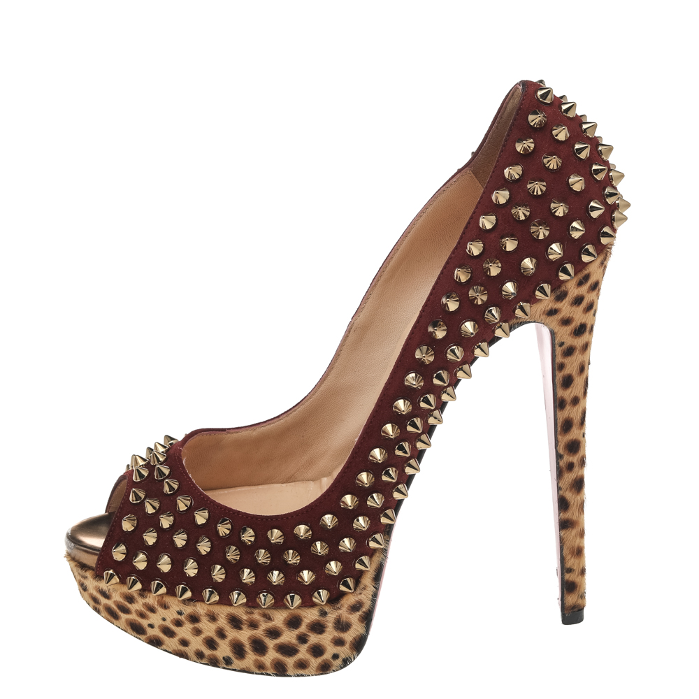 

Christian Louboutin Burgundy Suede and Leopard Print Calf Hair Spiked Lady Peep Toe Platform Pumps Size
