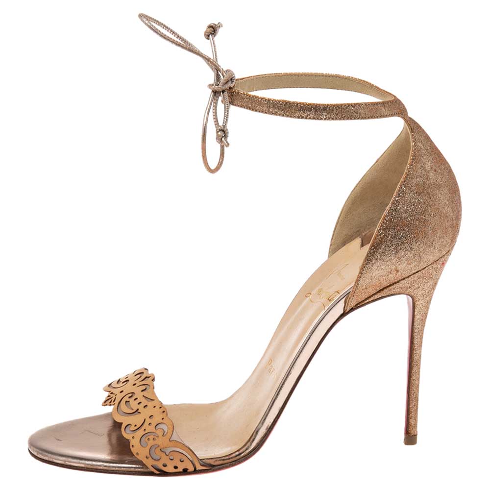 

Christian Louboutin Tan Laser Cut Leather and Gold Glitter Valnina Ankle-Tie Sandals Size