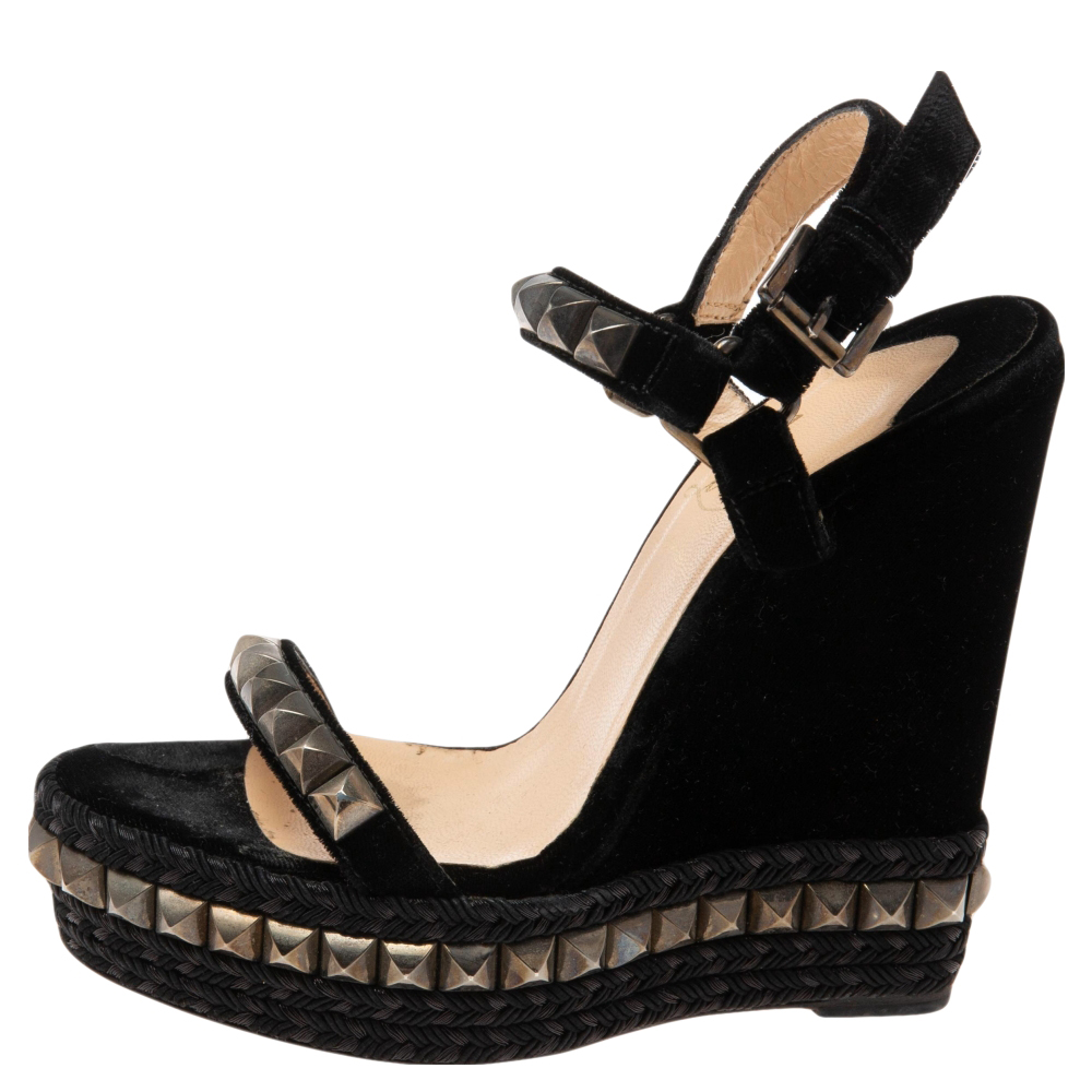 

Christian Louboutin Black Velvet Wedge Platform Ankle Strap Sandals Size