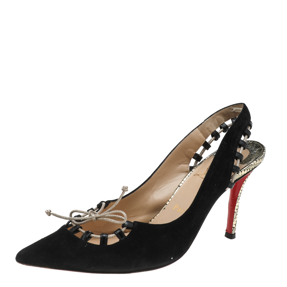 

Christian Louboutin Black Suede Whipstitch Pointed Toe Slingback Sandals Size