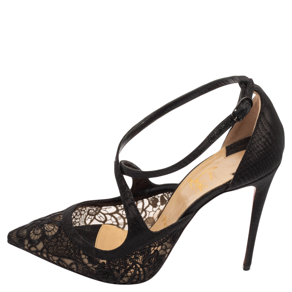 

Christian Louboutin Black Lace And Fabric Twistissima Pointed Toe Ankle Strap Sandals Size