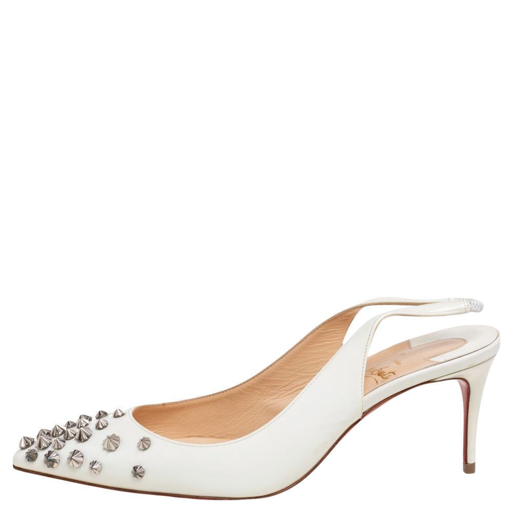 

Christian Louboutin White Patent Leather Drama Spiked Slingback Sandals Size