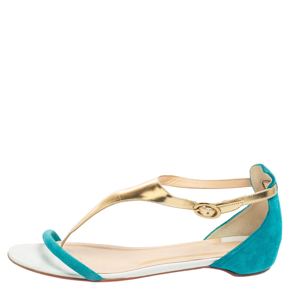 

Christian Louboutin Turquoise/Gold Suede and Leather Athena Flat Sandals Size