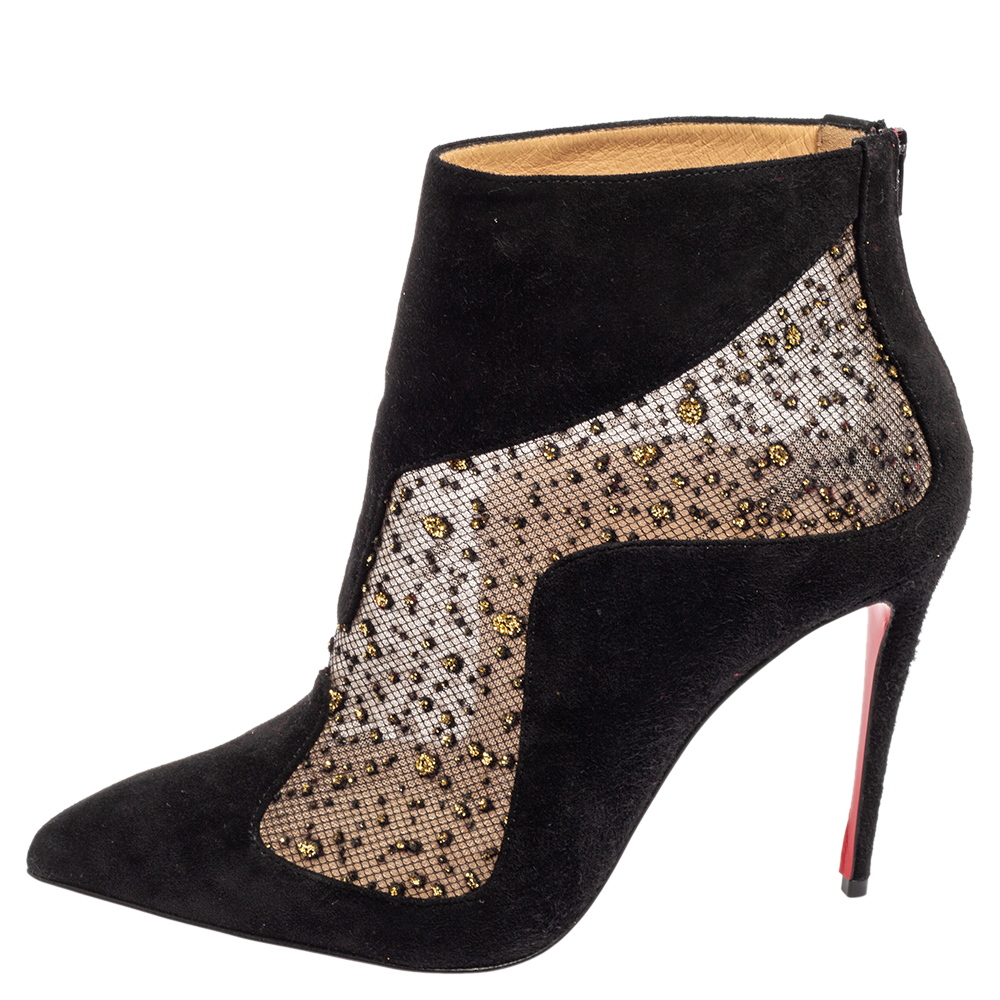

Christian Louboutin Black Suede and Mesh Papilloboot Pointed-Toe Ankle Boots Size