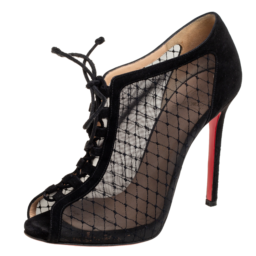 

Christian Louboutin Black Mesh and Suede Lace-Up Peep-Toe Booties Size
