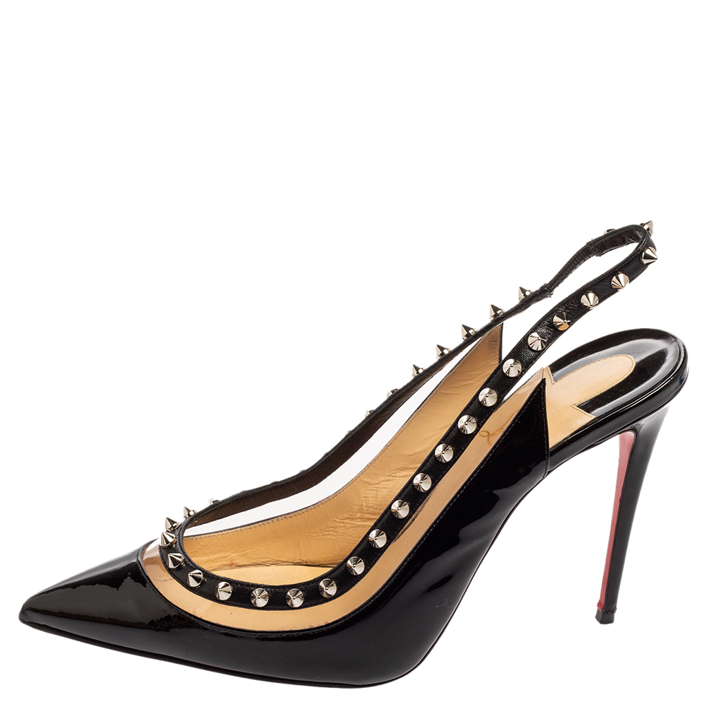 

Christian Louboutin Black Patent Leather and PVC Brigadine Spike Slingback Pumps Size