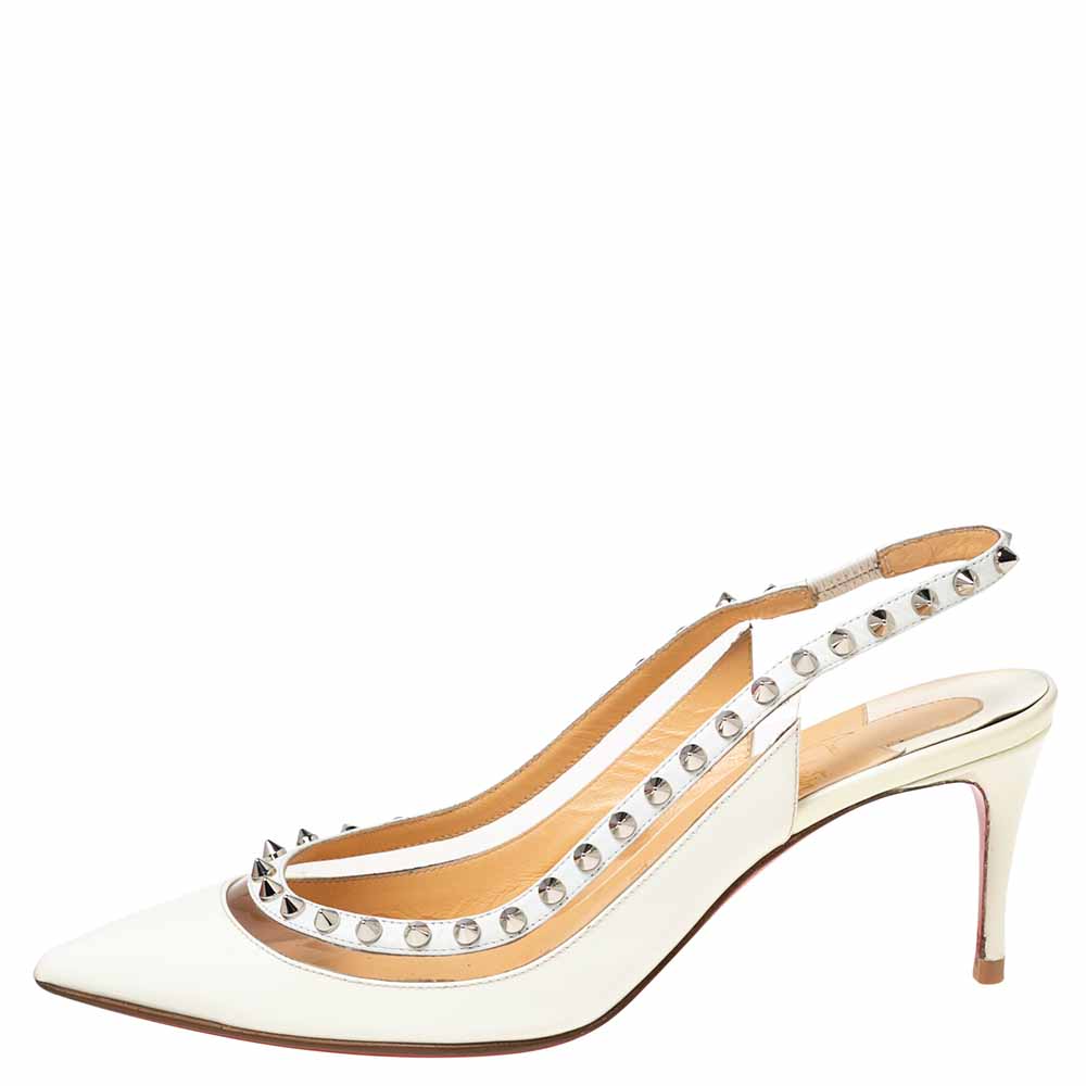 

Christian Louboutin Off-White Patent Leather and PVC Brigandine Spike Slingback Pumps Size