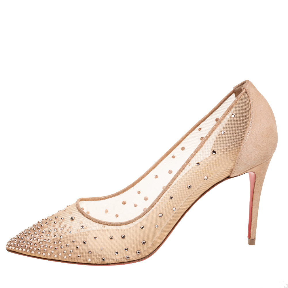 

Christian Louboutin Beige Mesh and Laminated Suede Follies Strass Pumps Size