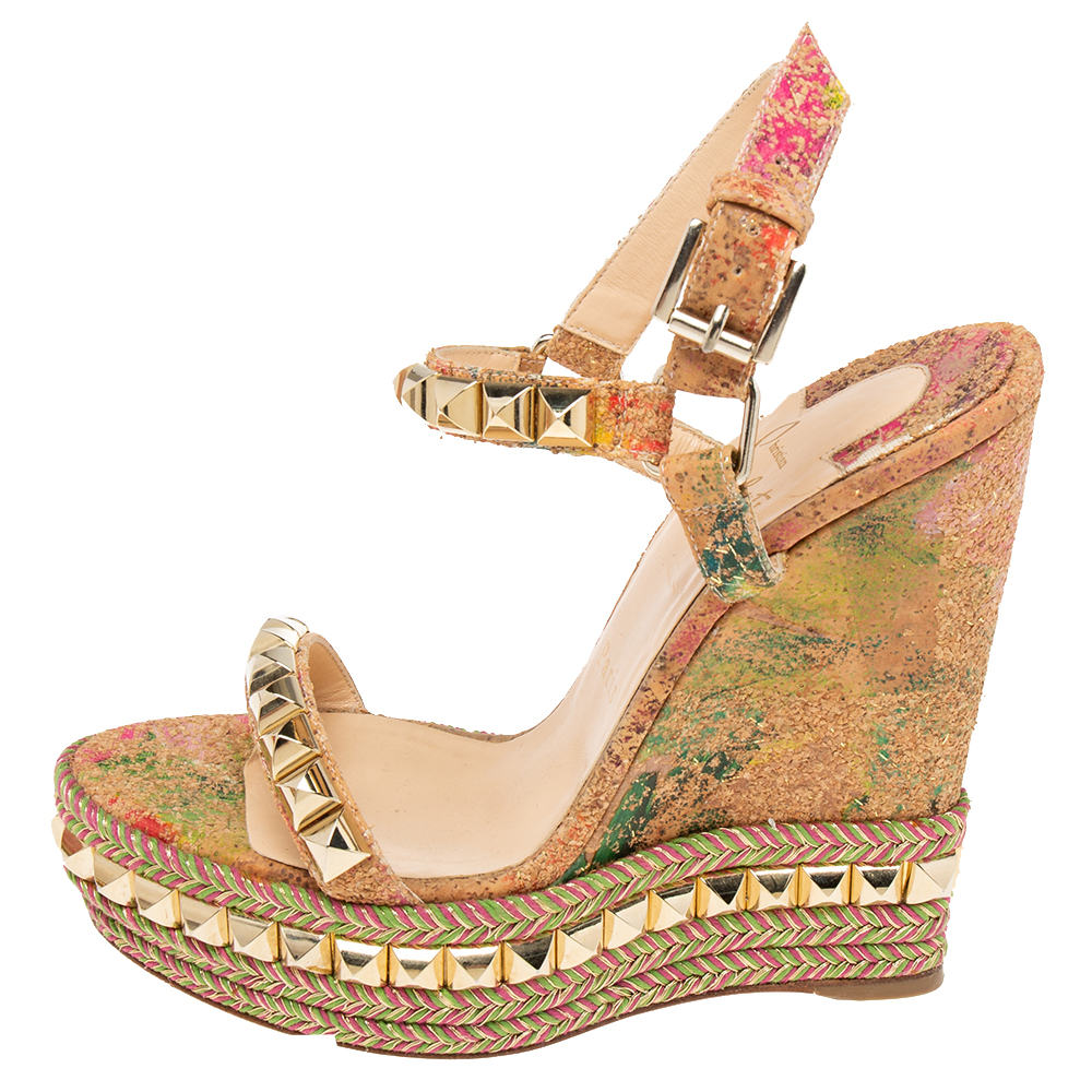 

Christian Louboutin Multicolor Nubuck Leather Studded Cataclou Espadrille Sandals Size