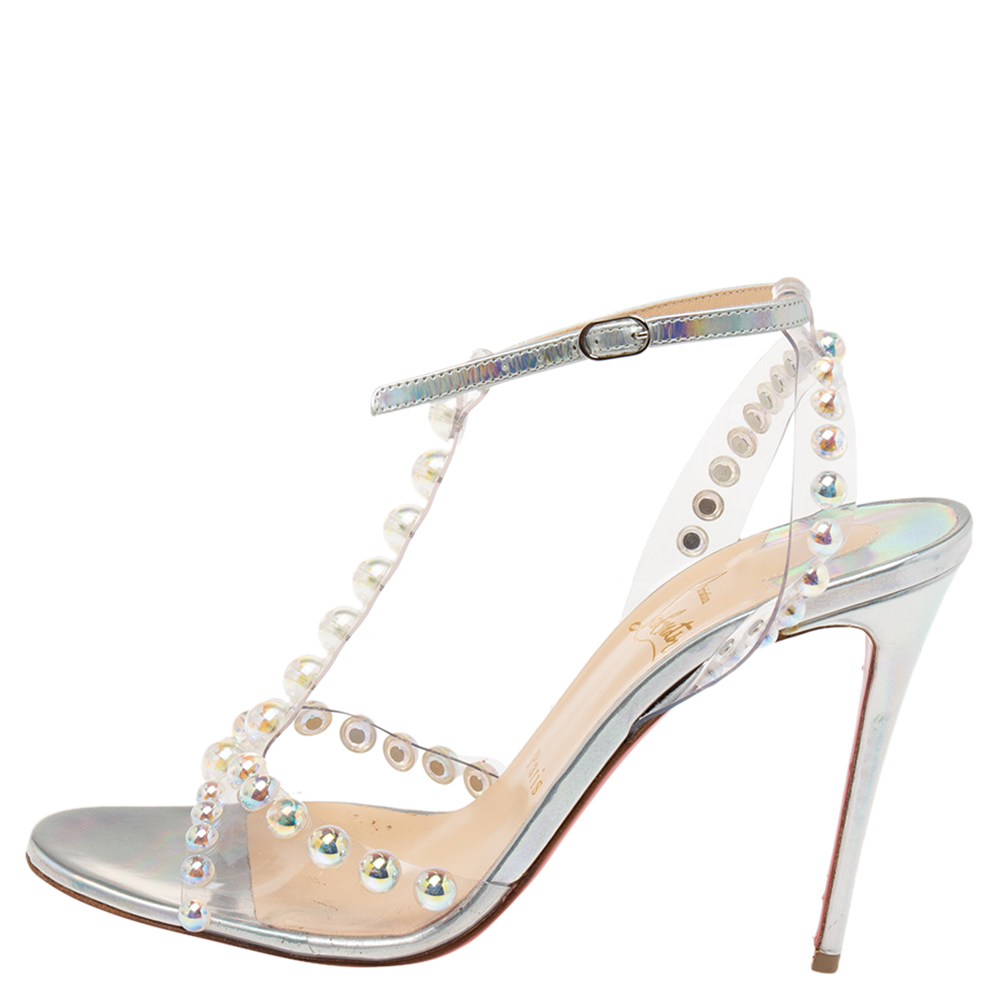 

Christian Louboutin Silver Iridescent Leather and PVC Faridaravie Ankle-Strap Sandals Size