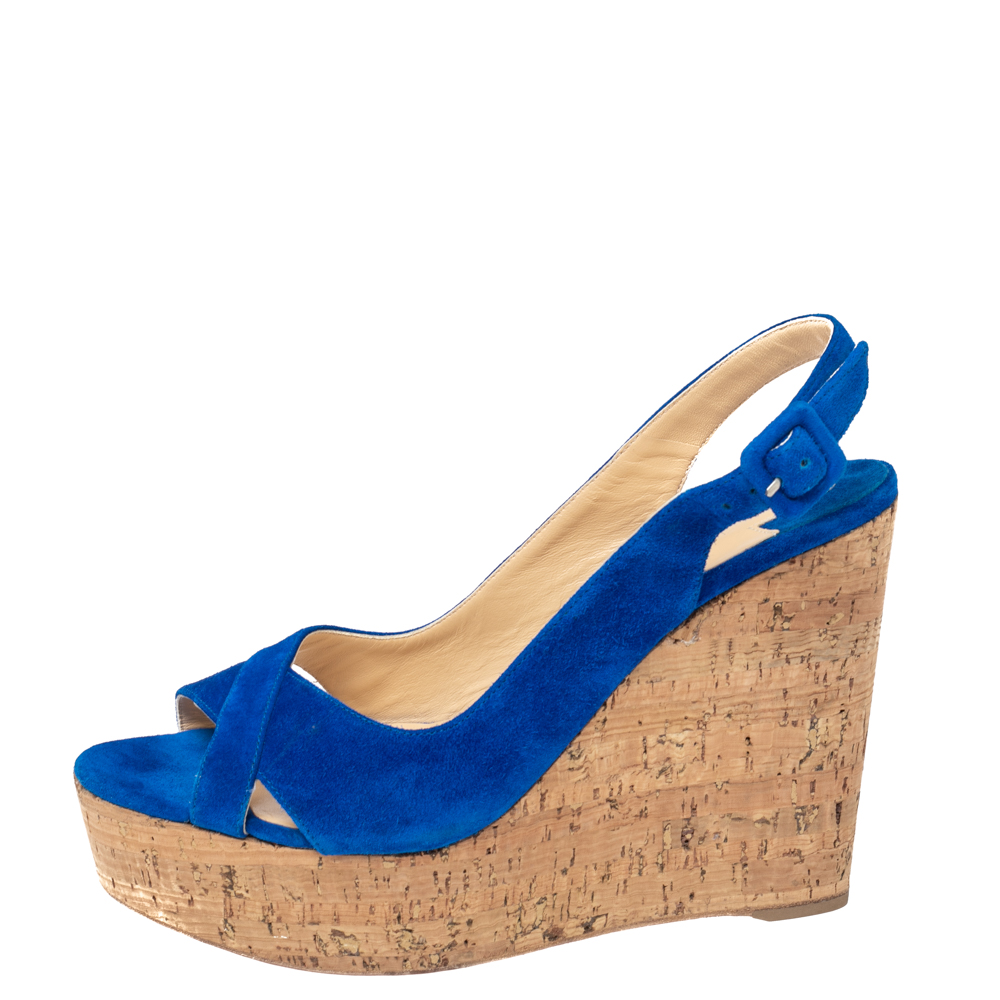 

Christian Louboutin Royal Blue Suede Reine De Liege Slingback Wedge Sandals Size