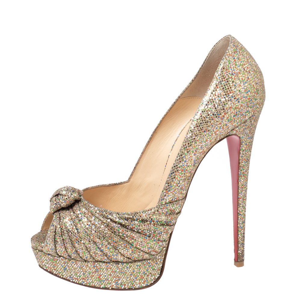 

Christian Louboutin Gold Glitter and Fabric Lady Gres Peep Toe Pumps Size